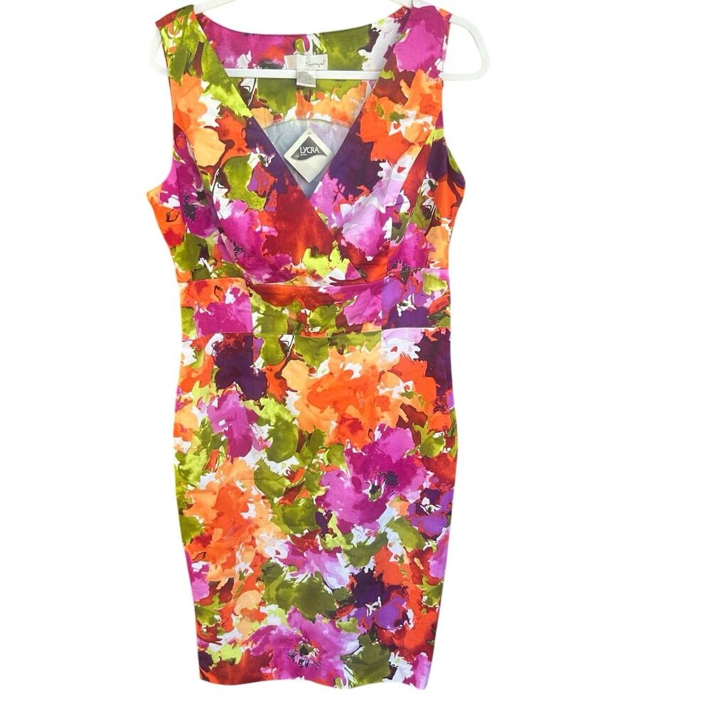 Spiegel Size 12 Floral Sheath Dress Stretch Cotton V Neck Colorful Midi
